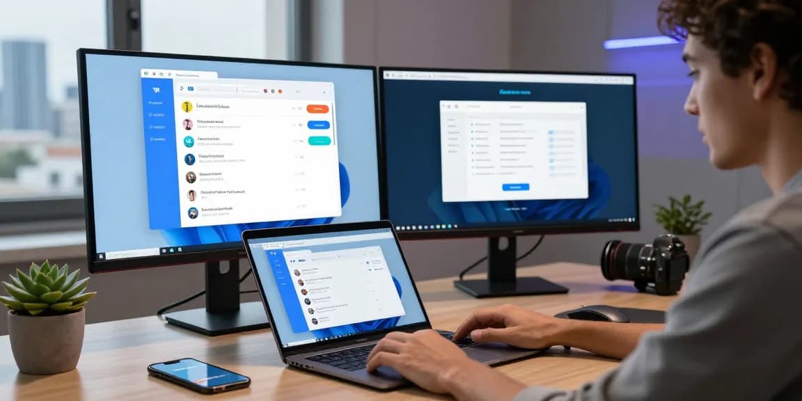 Accessing Telegram Web Version on a laptop in a modern workspace.