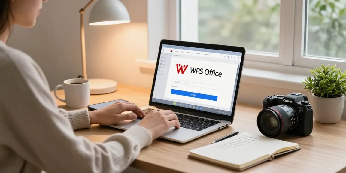 WPS Download in a productive home office scene featuring a user on a laptop, showcasing a workspace with productivity items and natural light.