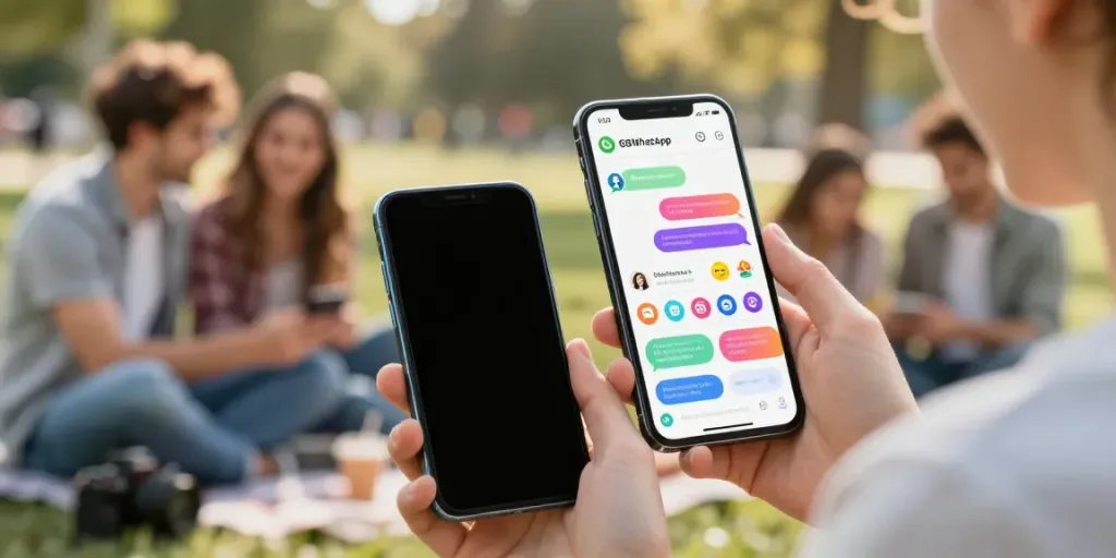 Showcase of GBWhatsApp features in vibrant smartphone user setting at https://gbapps.net/gbwhatsapp-apk-dl/.