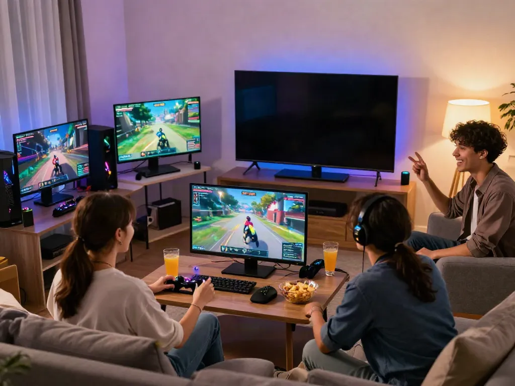 Friends engaging in multiplayer gaming, showcasing the excitement of rokok88 gaming culture.