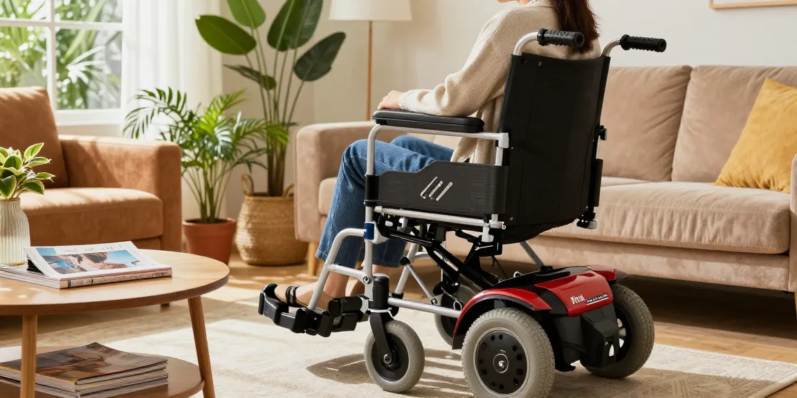 Person using a fauteuil roulant electrique pliable in a cozy living room setting, showcasing accessibility.