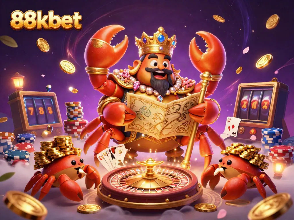 Engage with 88kbet's thrilling games featuring a golden crab emperor surrounded by treasure and excitement.