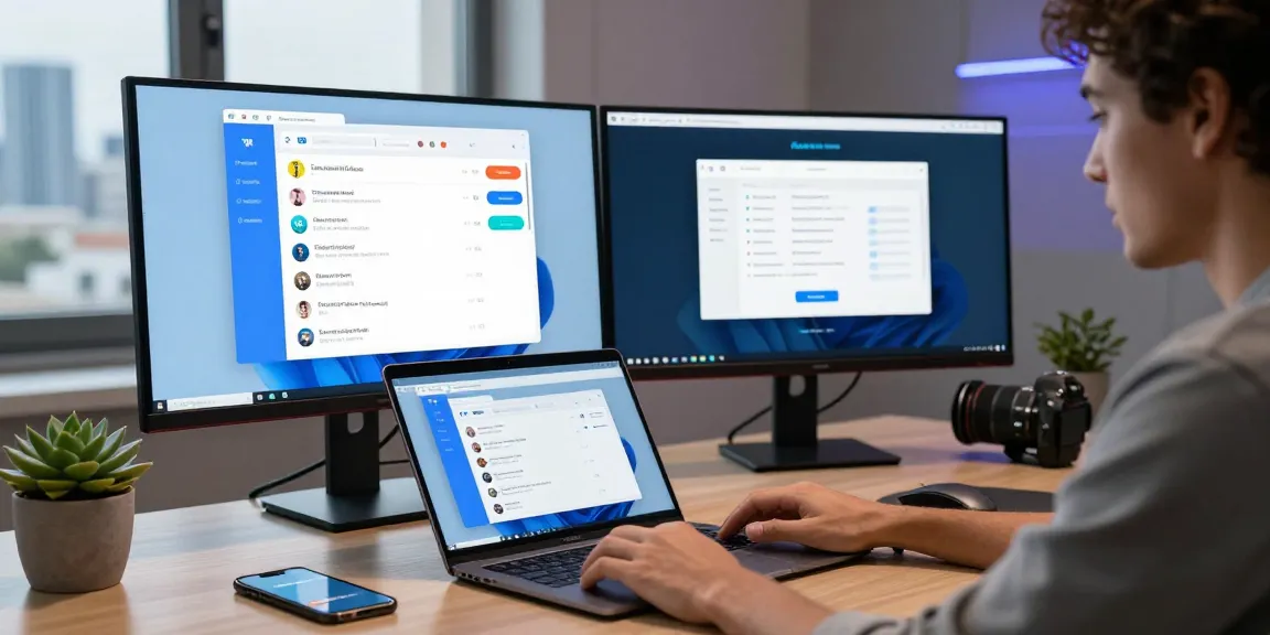 Accessing Telegram Web Version on a laptop in a modern workspace.