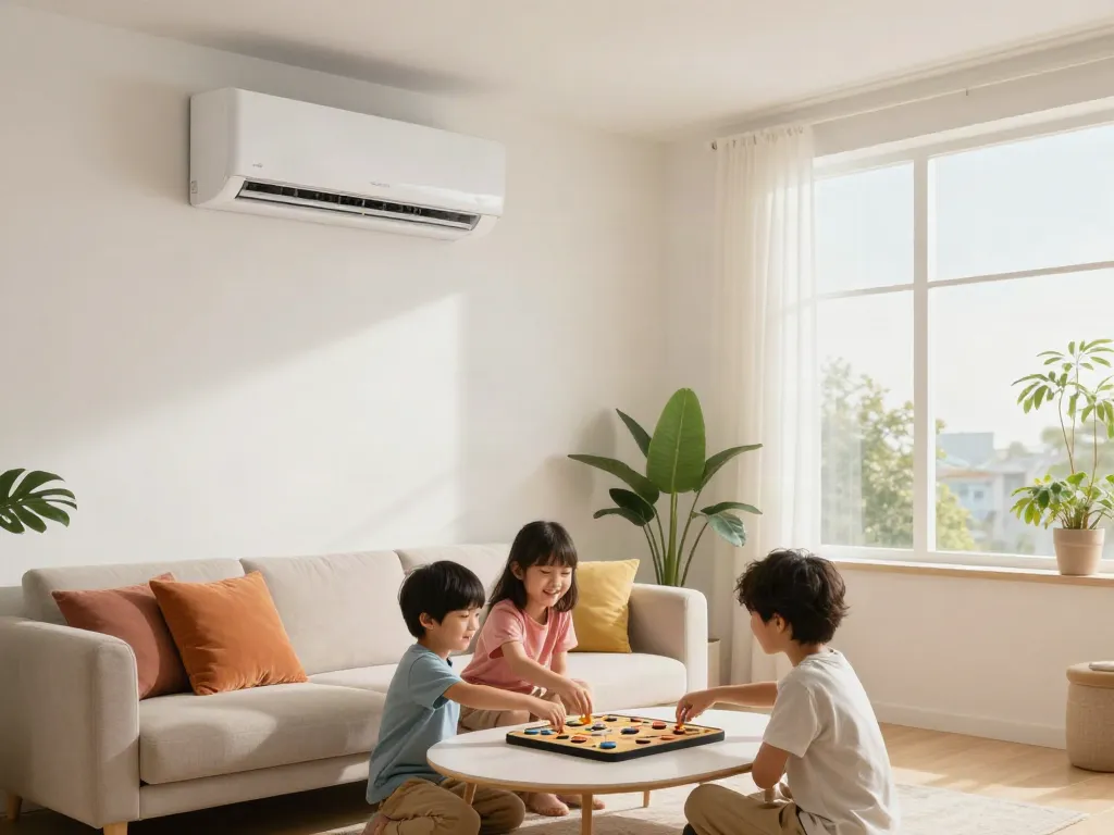 Ductless AC providing cool air in a family living room during playtime.