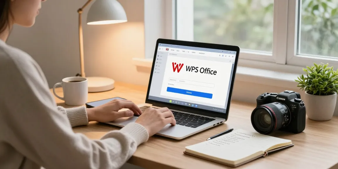 WPS Download in a productive home office scene featuring a user on a laptop, showcasing a workspace with productivity items and natural light.