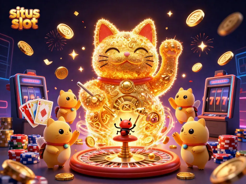 Experience vibrant excitement with this dynamic illustration of situs slot showcasing a lucky cat, casino elements, and joyful celebrations.
